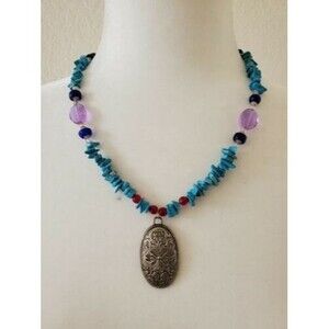 Handmade Turquoise Glass Bead Agate Necklace Loop Closure Pierced Pendant